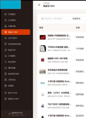 商品与 SKU 管理后台局部：商品列表显示商品名称、编码和分类