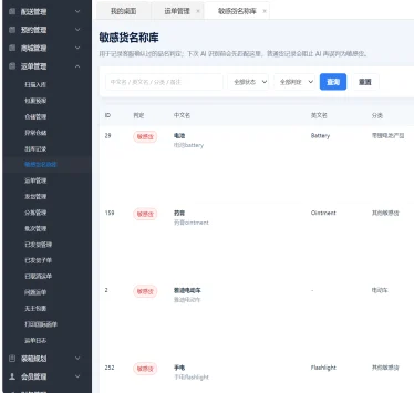 敏感货名称库列表：记录客服确认过的品名判定，包括电池、药膏、电动车、手电等条目的中英文名称与分类