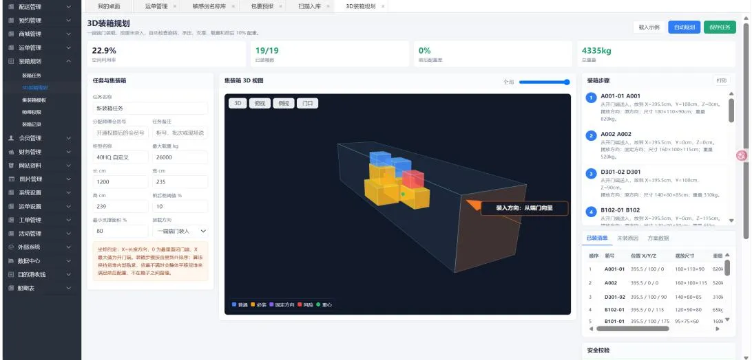 3D 装箱规划界面：左侧填写柜型与载重参数，中间为集装箱 3D 视图，右侧列出逐箱装载步骤和已装清单