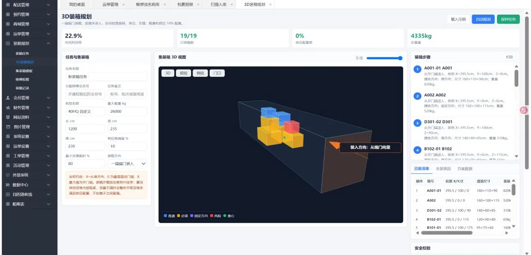 3D 装箱规划界面：左侧填写柜型与载重参数，中间为集装箱 3D 视图，右侧列出逐箱装载步骤和已装清单
