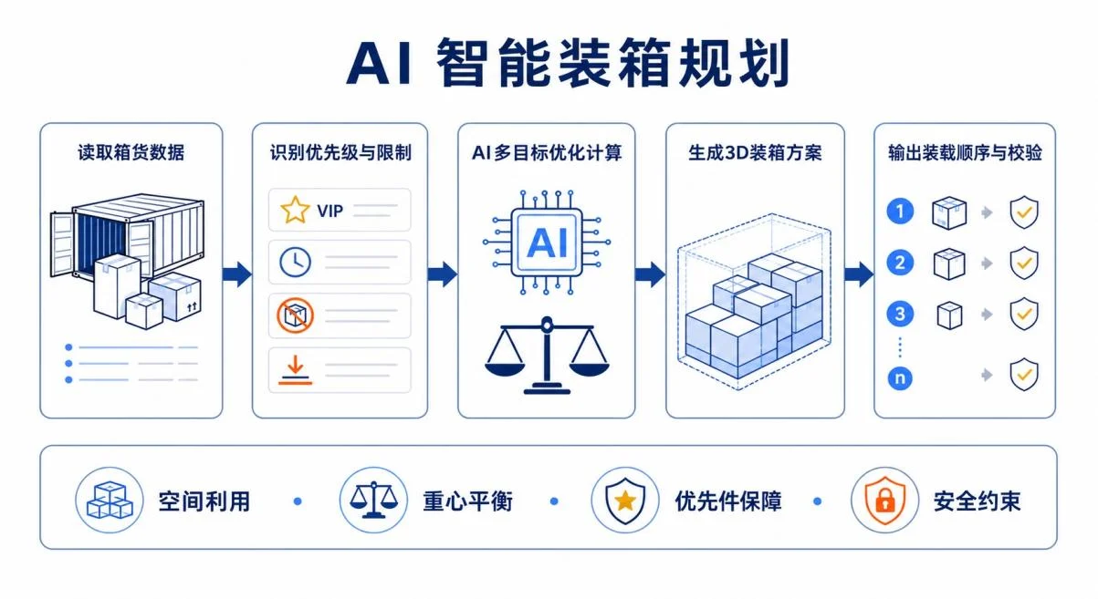 AI 智能装箱规划流程图：读取箱货数据、识别优先级与限制、AI 多目标优化计算、生成 3D 装箱方案、输出装载顺序与校验
