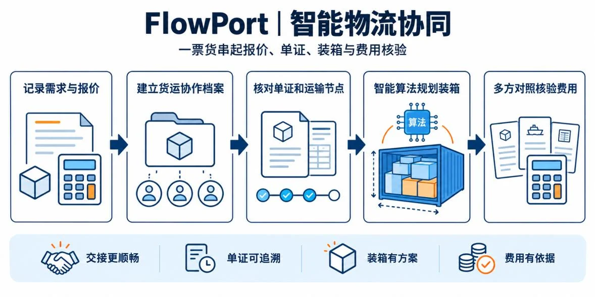 FlowPort 智能物流协同流程图：记录需求与报价、建立货运协作档案、核对单证和运输节点、智能算法规划装箱、多方对照核验费用