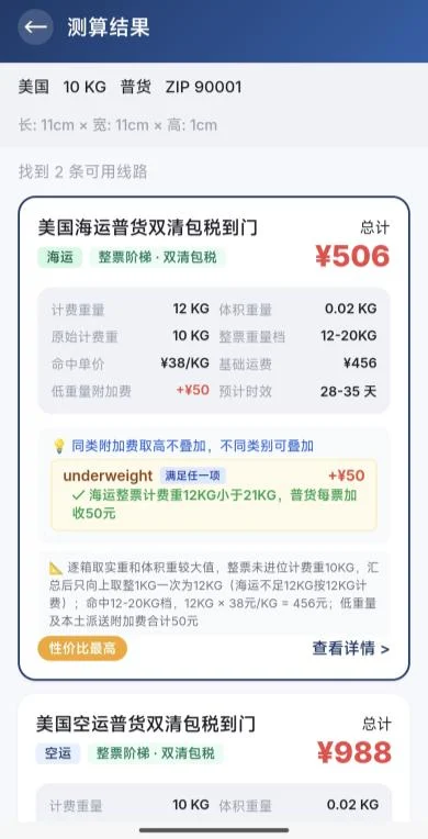 手机端运费测算结果页：按目的地、重量和货物类型列出可用线路，展示计费重量、单价、附加费、预计时效和总价，并标注性价比最高的线路