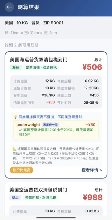手机端运费测算结果页：按目的地、重量和货物类型列出可用线路，展示计费重量、单价、附加费、预计时效和总价，并标注性价比最高的线路