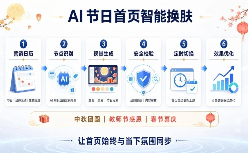 AI 节日首页智能换肤流程图：营销日历、节点识别、视觉生成、安全校验、定时切换、效果优化