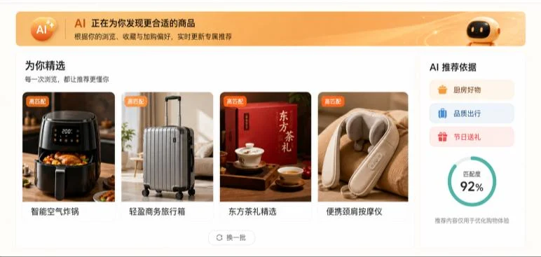 商城中的 AI 推荐模块：为你精选的商品卡片，右侧显示 AI 推荐依据标签和匹配度