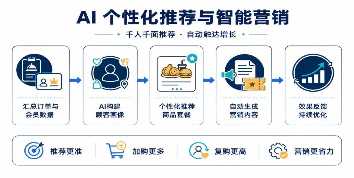 AI 个性化推荐与智能营销流程图：汇总订单与会员数据、AI 构建顾客画像、个性化推荐商品套餐、自动生成营销内容、效果反馈持续优化