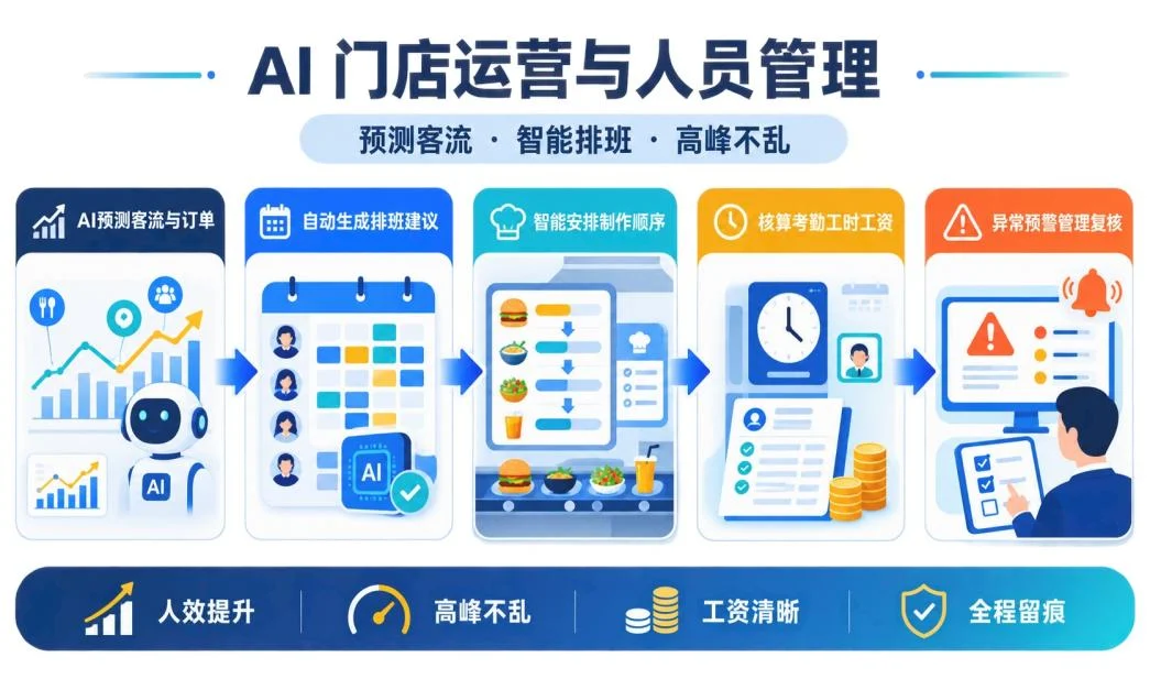 AI 门店运营与人员管理流程图：AI 预测客流与订单、自动生成排班建议、智能安排制作顺序、核算考勤工时工资、异常预警管理复核
